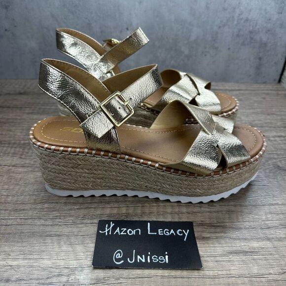 Soda~Women’s~Gold Platform Wedge Espadrille SANDALS Buckle Open Toe~Size 8.5 - Picture 2 of 9